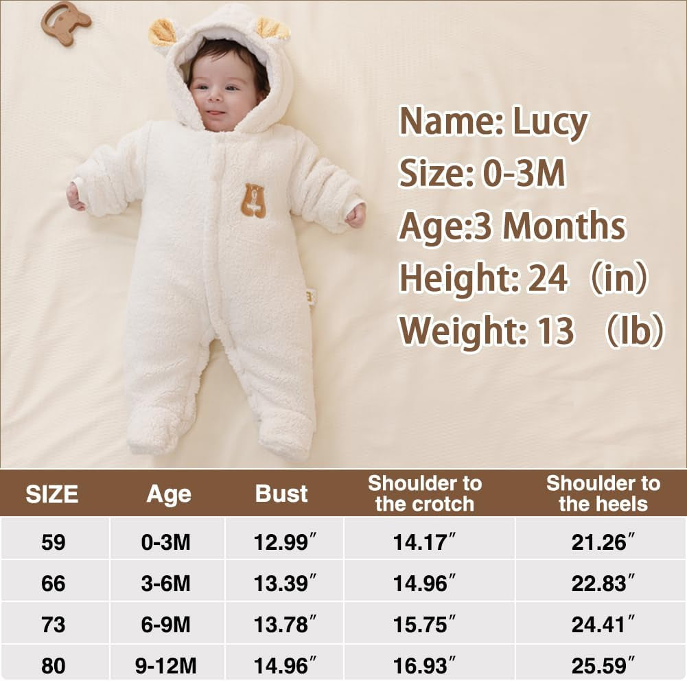 Baby Newborn Jumpsuit Footie Romper Hooded Warm Thicken Winter Bunting Outwear Snowsuit Pajamas for Girls Boys